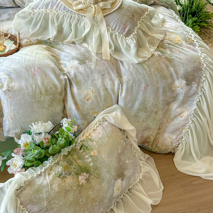 91家纺网 家纺一手货源 找家纺 疆东 2026高端韩版法式公主复古油画风纯棉双层纱四件套赫本浪漫荷叶花边仙女全棉双层纱四件套床上用品被套 青青子衿