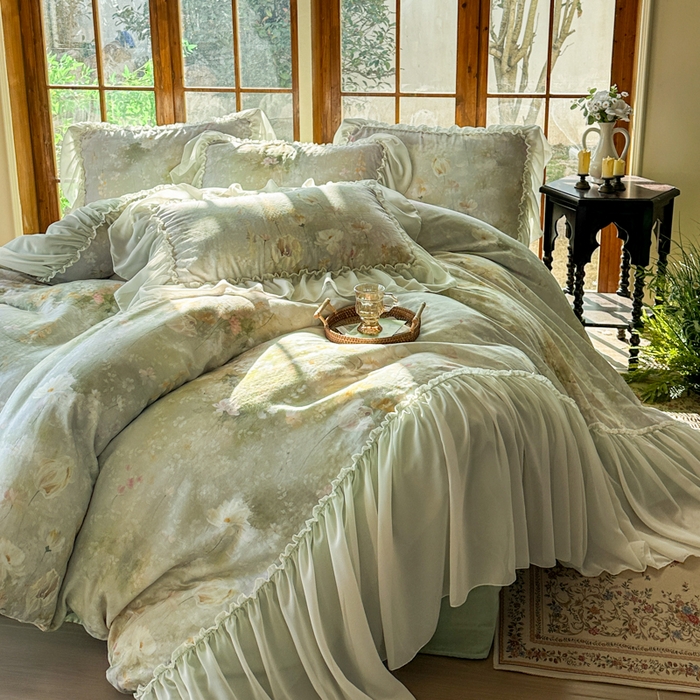 91家纺网 家纺一手货源 找家纺 疆东 2026高端韩版法式公主复古油画风纯棉双层纱四件套赫本浪漫荷叶花边仙女全棉双层纱四件套床上用品被套 青青子衿
