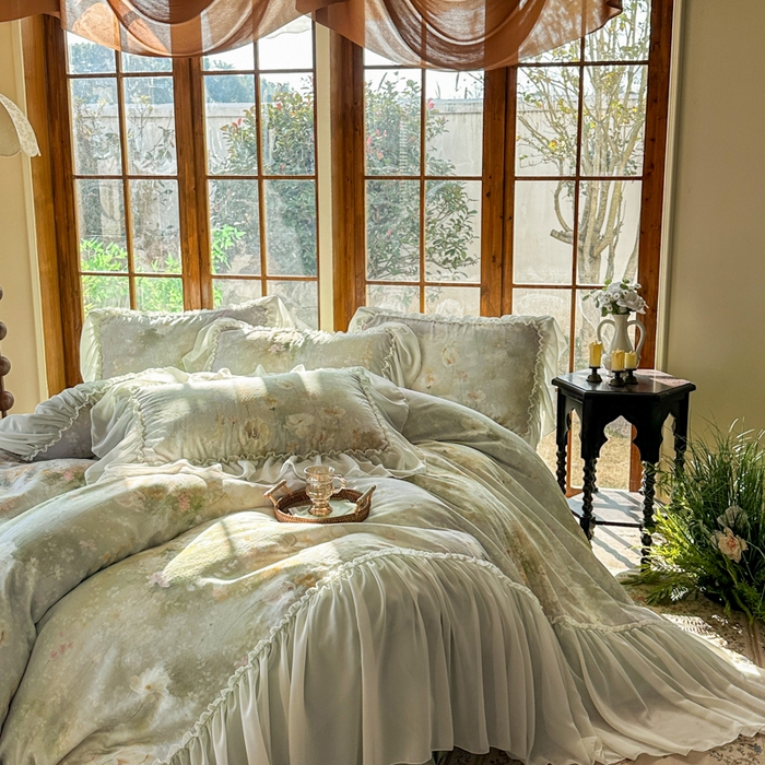 91家纺网 家纺一手货源 找家纺 疆东 2026高端韩版法式公主复古油画风纯棉双层纱四件套赫本浪漫荷叶花边仙女全棉双层纱四件套床上用品被套 青青子衿