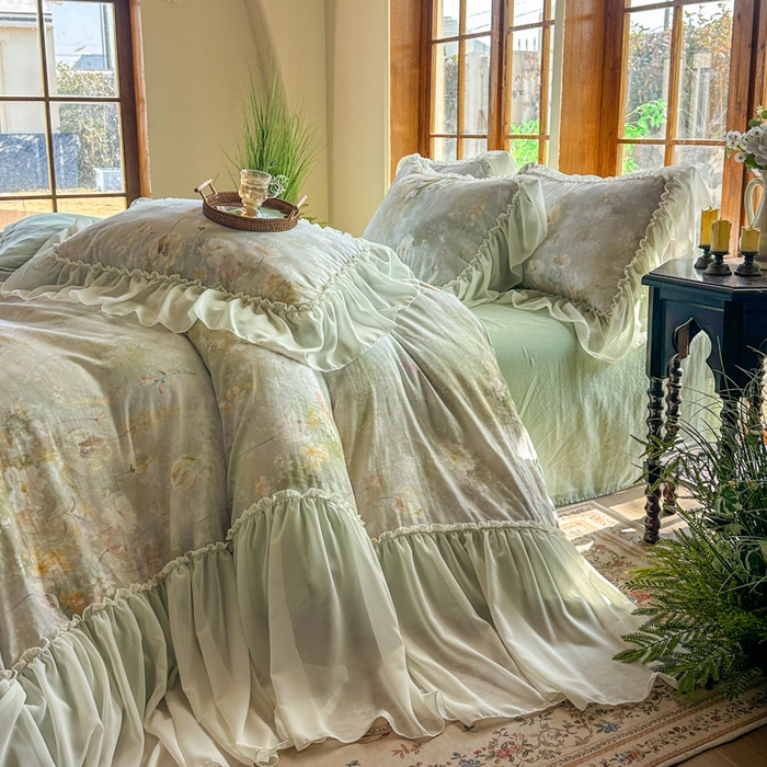 91家纺网 家纺一手货源 找家纺 疆东 2026高端韩版法式公主复古油画风纯棉双层纱四件套赫本浪漫荷叶花边仙女全棉双层纱四件套床上用品被套 青青子衿