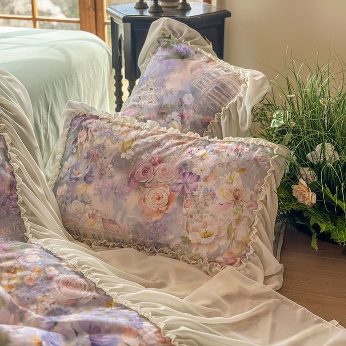 91家纺网 家纺一手货源 找家纺 疆东 2026高端韩版法式公主复古油画风纯棉双层纱四件套赫本浪漫荷叶花边仙女全棉双层纱四件套床上用品被套 城堡玫瑰