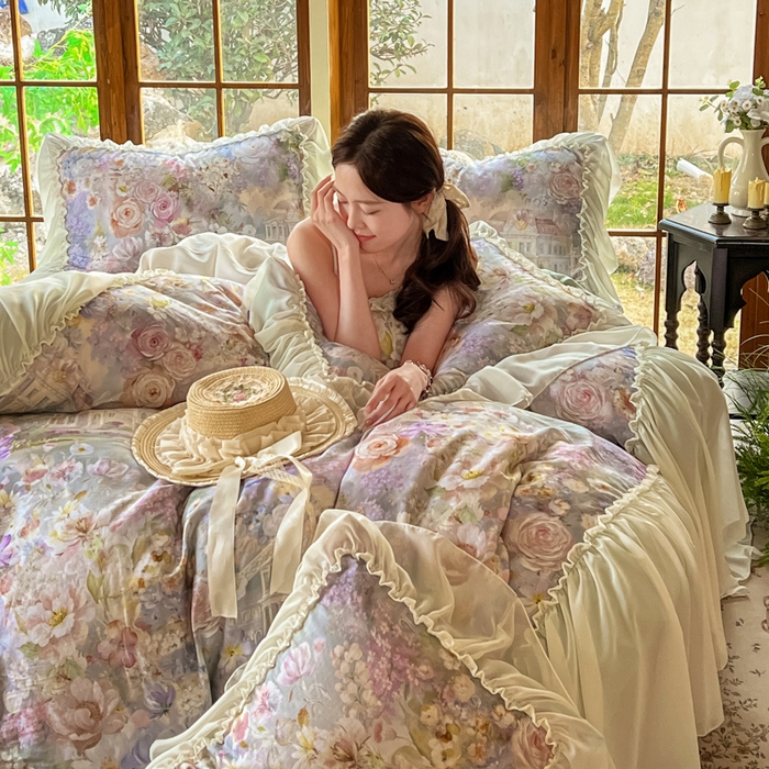 91家纺网 家纺一手货源 找家纺 疆东 2026高端韩版法式公主复古油画风纯棉双层纱四件套赫本浪漫荷叶花边仙女全棉双层纱四件套床上用品被套 城堡玫瑰