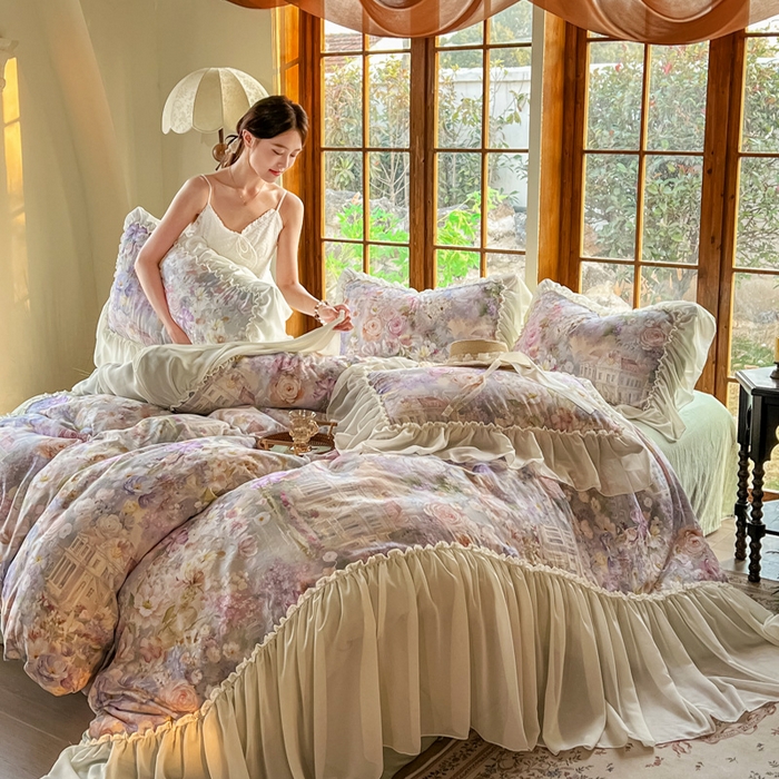 91家纺网 家纺一手货源 找家纺 疆东 2026高端韩版法式公主复古油画风纯棉双层纱四件套赫本浪漫荷叶花边仙女全棉双层纱四件套床上用品被套 城堡玫瑰