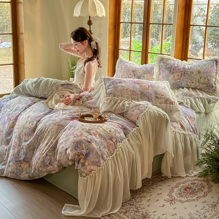 91家纺网 家纺一手货源 找家纺 疆东 2026高端韩版法式公主复古油画风纯棉双层纱四件套赫本浪漫荷叶花边仙女全棉双层纱四件套床上用品被套 城堡玫瑰