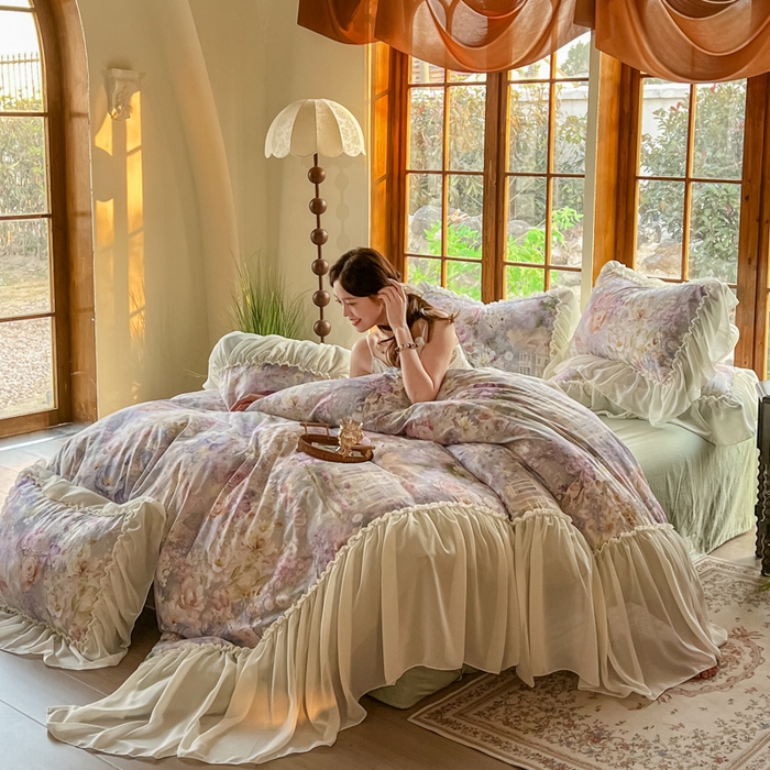 91家纺网 家纺一手货源 找家纺 疆东 2026高端韩版法式公主复古油画风纯棉双层纱四件套赫本浪漫荷叶花边仙女全棉双层纱四件套床上用品被套 城堡玫瑰