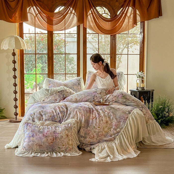 91家纺网 家纺一手货源 找家纺 疆东 2026高端韩版法式公主复古油画风纯棉双层纱四件套赫本浪漫荷叶花边仙女全棉双层纱四件套床上用品被套 城堡玫瑰