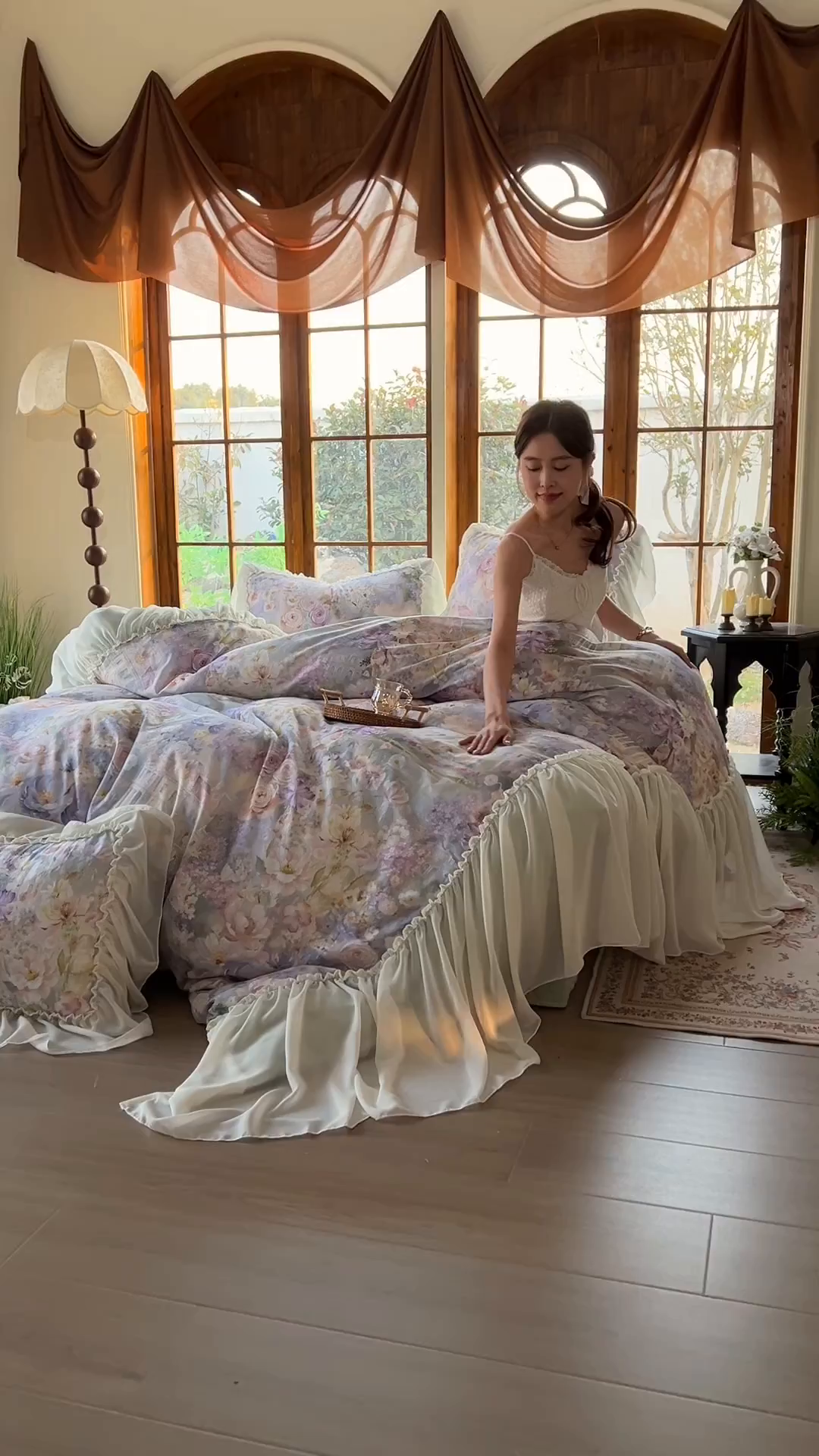 91家纺网 家纺一手货源 找家纺 疆东 2026高端韩版法式公主复古油画风纯棉双层纱四件套赫本浪漫荷叶花边仙女全棉双层纱四件套床上用品被套 城堡玫瑰