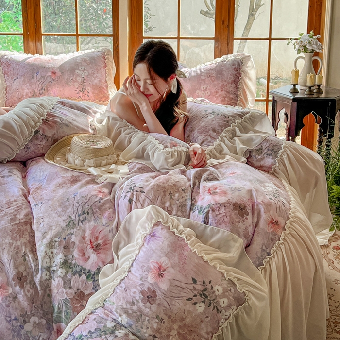 91家纺网 家纺一手货源 找家纺 疆东 2026高端韩版法式公主复古油画风纯棉双层纱四件套赫本浪漫荷叶花边仙女全棉双层纱四件套床上用品被套 莫奈花园
