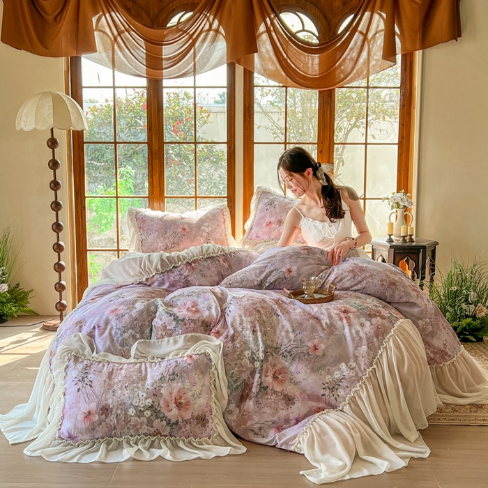 91家纺网 家纺一手货源 找家纺 疆东 2026高端韩版法式公主复古油画风纯棉双层纱四件套赫本浪漫荷叶花边仙女全棉双层纱四件套床上用品被套 莫奈花园