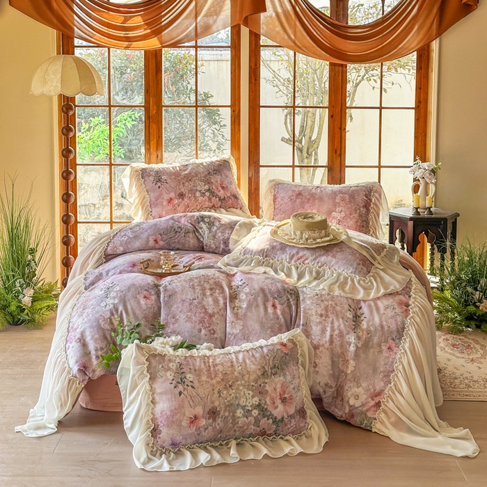 91家纺网 家纺一手货源 找家纺 疆东 2026高端韩版法式公主复古油画风纯棉双层纱四件套赫本浪漫荷叶花边仙女全棉双层纱四件套床上用品被套 莫奈花园