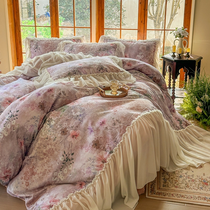 91家纺网 家纺一手货源 找家纺 疆东 2026高端韩版法式公主复古油画风纯棉双层纱四件套赫本浪漫荷叶花边仙女全棉双层纱四件套床上用品被套 莫奈花园