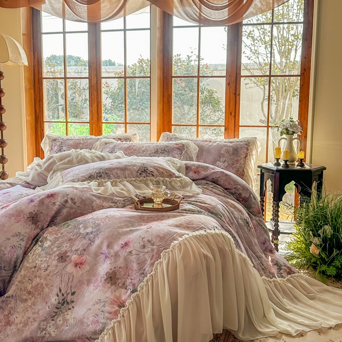 91家纺网 家纺一手货源 找家纺 疆东 2026高端韩版法式公主复古油画风纯棉双层纱四件套赫本浪漫荷叶花边仙女全棉双层纱四件套床上用品被套 莫奈花园