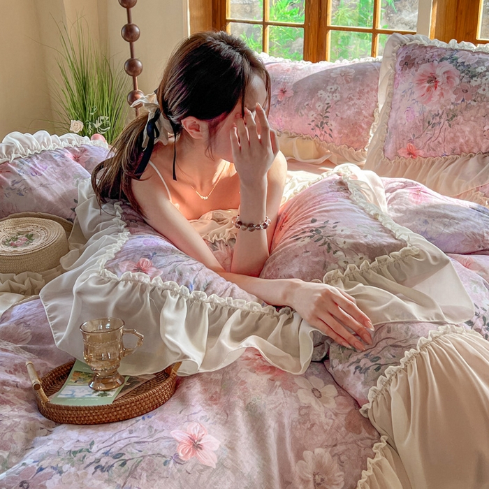 91家纺网 家纺一手货源 找家纺 疆东 2026高端韩版法式公主复古油画风纯棉双层纱四件套赫本浪漫荷叶花边仙女全棉双层纱四件套床上用品被套 莫奈花园