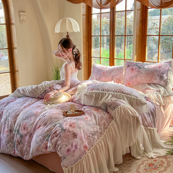 91家纺网 家纺一手货源 找家纺 疆东 2026高端韩版法式公主复古油画风纯棉双层纱四件套赫本浪漫荷叶花边仙女全棉双层纱四件套床上用品被套 莫奈花园