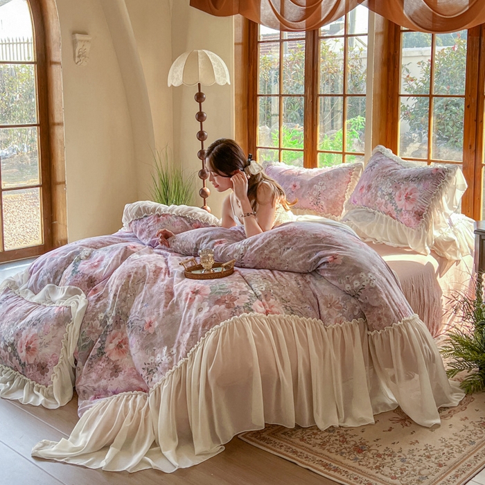 91家纺网 家纺一手货源 找家纺 疆东 2026高端韩版法式公主复古油画风纯棉双层纱四件套赫本浪漫荷叶花边仙女全棉双层纱四件套床上用品被套 莫奈花园