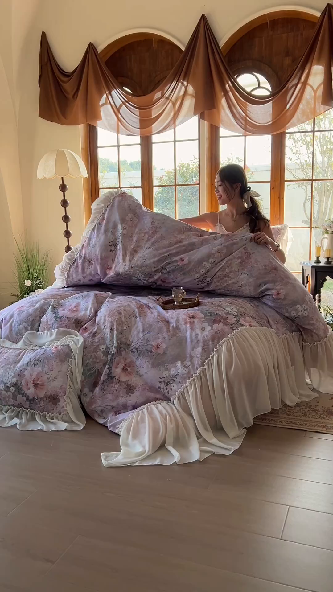 91家纺网 家纺一手货源 找家纺 疆东 2026高端韩版法式公主复古油画风纯棉双层纱四件套赫本浪漫荷叶花边仙女全棉双层纱四件套床上用品被套 莫奈花园