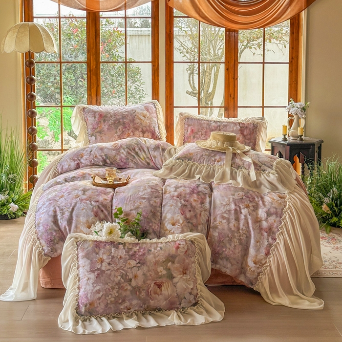 91家纺网 家纺一手货源 找家纺 疆东 2026高端韩版法式公主复古油画风纯棉双层纱四件套赫本浪漫荷叶花边仙女全棉双层纱四件套床上用品被套 采薇