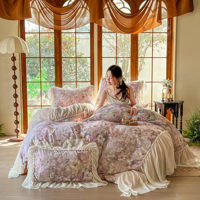 91家纺网 家纺一手货源 找家纺 疆东 2026高端韩版法式公主复古油画风纯棉双层纱四件套赫本浪漫荷叶花边仙女全棉双层纱四件套床上用品被套 采薇