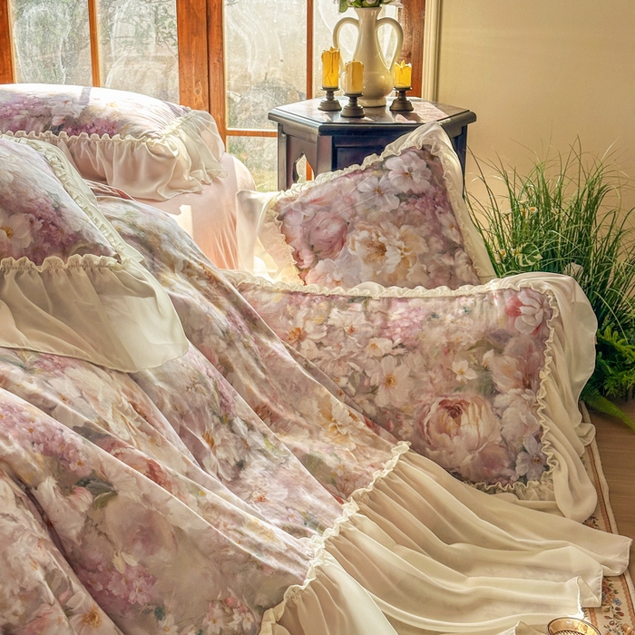 91家纺网 家纺一手货源 找家纺 疆东 2026高端韩版法式公主复古油画风纯棉双层纱四件套赫本浪漫荷叶花边仙女全棉双层纱四件套床上用品被套 采薇