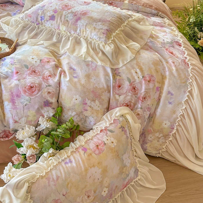 91家纺网 家纺一手货源 找家纺 疆东 2026高端韩版法式公主复古油画风纯棉双层纱四件套赫本浪漫荷叶花边仙女全棉双层纱四件套床上用品被套 南法假日