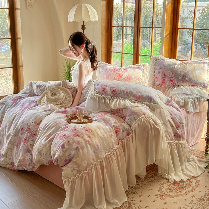 91家纺网 家纺一手货源 找家纺 疆东 2026高端韩版法式公主复古油画风纯棉双层纱四件套赫本浪漫荷叶花边仙女全棉双层纱四件套床上用品被套 南法假日