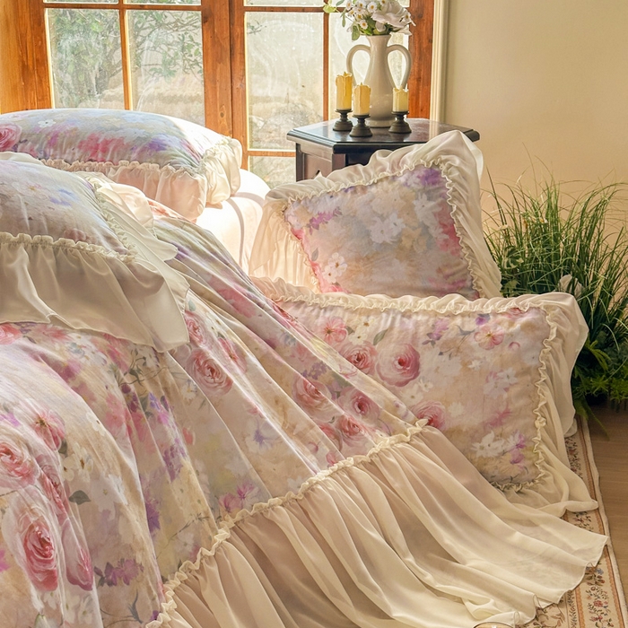 91家纺网 家纺一手货源 找家纺 疆东 2026高端韩版法式公主复古油画风纯棉双层纱四件套赫本浪漫荷叶花边仙女全棉双层纱四件套床上用品被套 南法假日