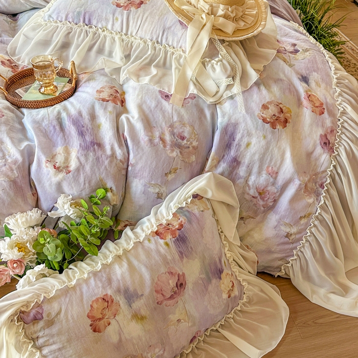 91家纺网 家纺一手货源 找家纺 疆东 2026高端韩版法式公主复古油画风纯棉双层纱四件套赫本浪漫荷叶花边仙女全棉双层纱四件套床上用品被套 香榭丽舍