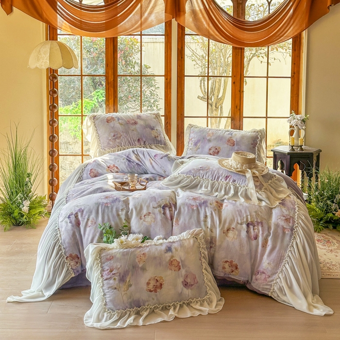 91家纺网 家纺一手货源 找家纺 疆东 2026高端韩版法式公主复古油画风纯棉双层纱四件套赫本浪漫荷叶花边仙女全棉双层纱四件套床上用品被套 香榭丽舍