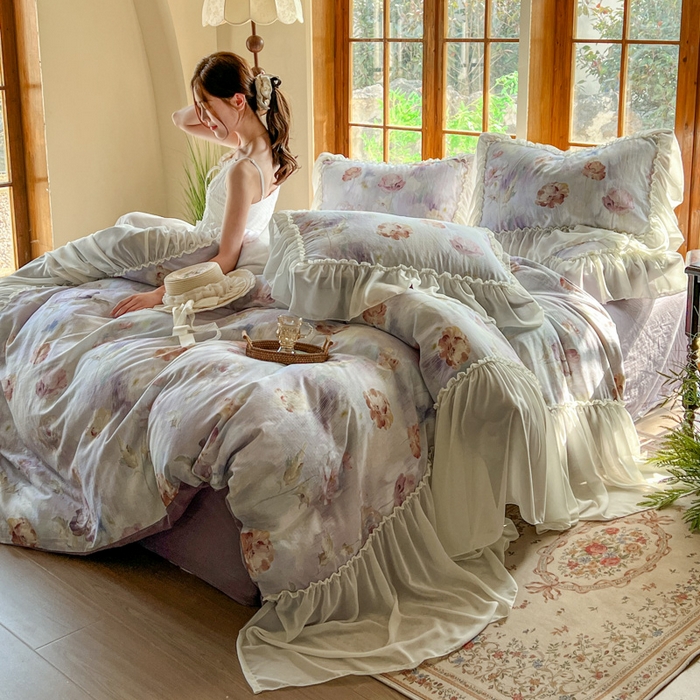 91家纺网 家纺一手货源 找家纺 疆东 2026高端韩版法式公主复古油画风纯棉双层纱四件套赫本浪漫荷叶花边仙女全棉双层纱四件套床上用品被套 香榭丽舍
