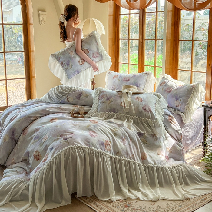 91家纺网 家纺一手货源 找家纺 疆东 2026高端韩版法式公主复古油画风纯棉双层纱四件套赫本浪漫荷叶花边仙女全棉双层纱四件套床上用品被套 香榭丽舍