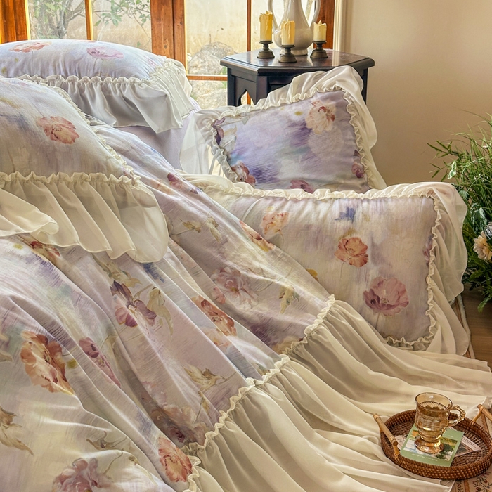 91家纺网 家纺一手货源 找家纺 疆东 2026高端韩版法式公主复古油画风纯棉双层纱四件套赫本浪漫荷叶花边仙女全棉双层纱四件套床上用品被套 香榭丽舍