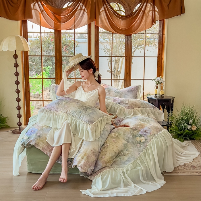 疆东 2026高端韩版法式公主复古油画风纯棉双层纱四件套赫本浪漫荷叶花边仙女全棉双层纱四件套床上用品被套 仲夏
