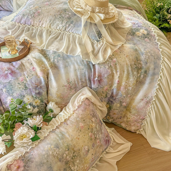 91家纺网 家纺一手货源 找家纺 疆东 2026高端韩版法式公主复古油画风纯棉双层纱四件套赫本浪漫荷叶花边仙女全棉双层纱四件套床上用品被套 仲夏