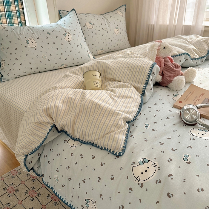 91家纺网 家纺一手货源 找家纺 瑞莱 （持续上新）2026新款全棉纯棉印花贝壳边四件套 蓝调豹纹喵