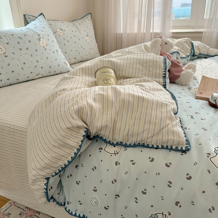 91家纺网 家纺一手货源 找家纺 瑞莱 （持续上新）2026新款全棉纯棉印花贝壳边四件套 蓝调豹纹喵