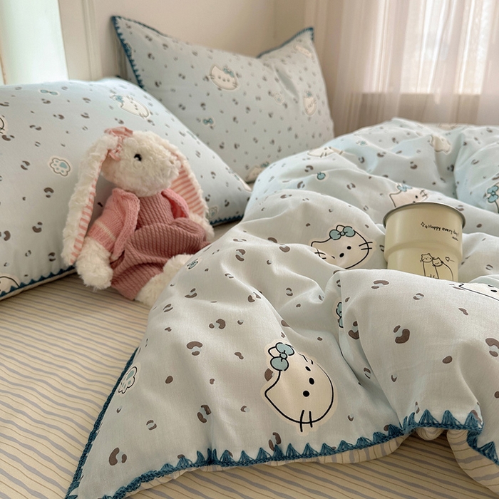 91家纺网 家纺一手货源 找家纺 瑞莱 （持续上新）2026新款全棉纯棉印花贝壳边四件套 蓝调豹纹喵