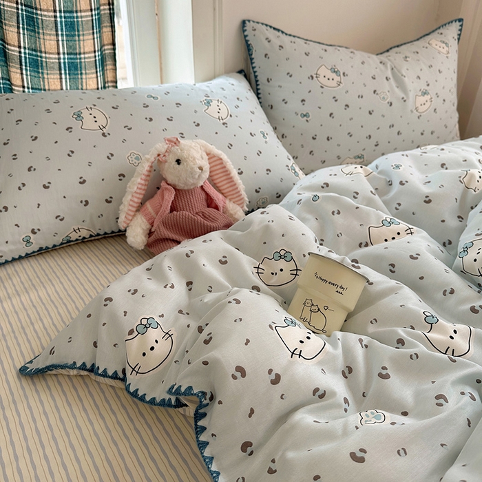 91家纺网 家纺一手货源 找家纺 瑞莱 （持续上新）2026新款全棉纯棉印花贝壳边四件套 蓝调豹纹喵