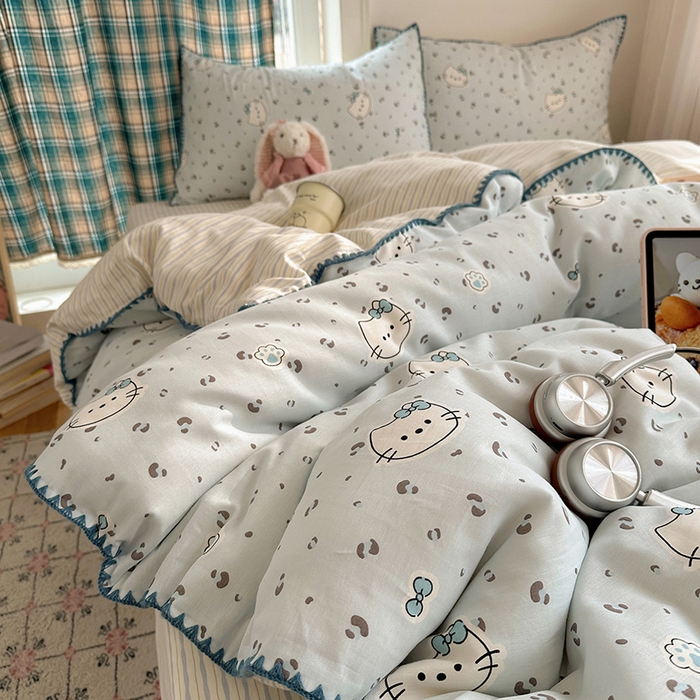 91家纺网 家纺一手货源 找家纺 瑞莱 （持续上新）2026新款全棉纯棉印花贝壳边四件套 蓝调豹纹喵