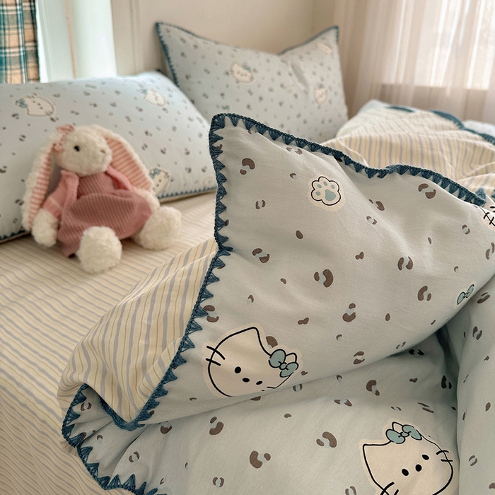 91家纺网 家纺一手货源 找家纺 瑞莱 （持续上新）2026新款全棉纯棉印花贝壳边四件套 蓝调豹纹喵