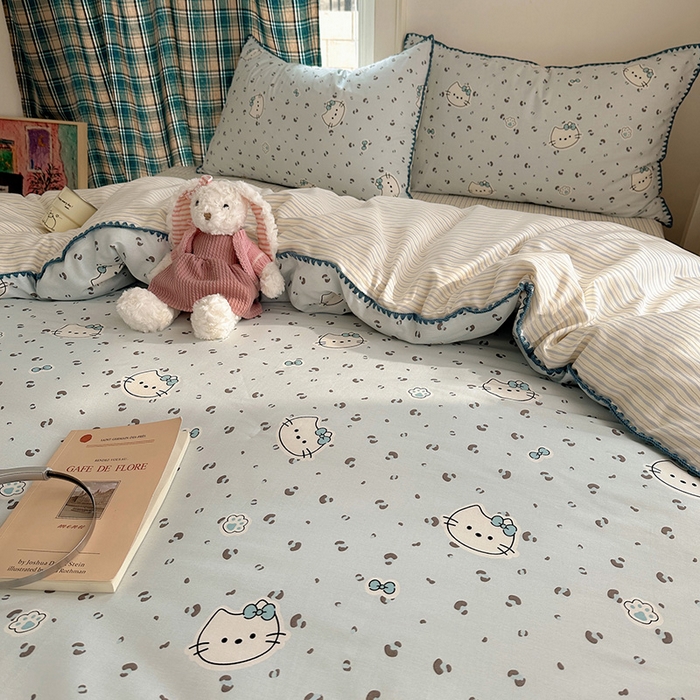 91家纺网 家纺一手货源 找家纺 瑞莱 （持续上新）2026新款全棉纯棉印花贝壳边四件套 蓝调豹纹喵