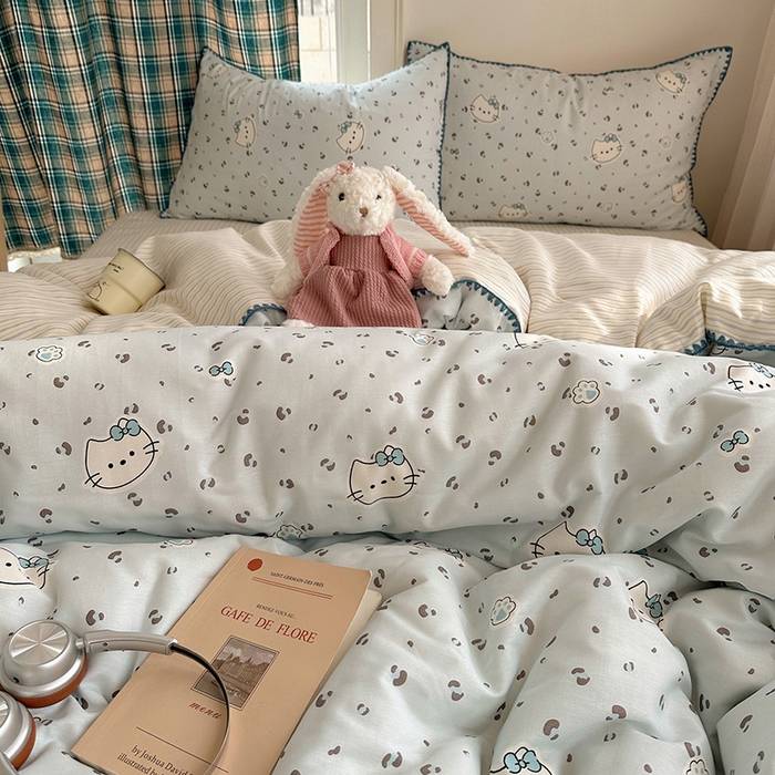 91家纺网 家纺一手货源 找家纺 瑞莱 （持续上新）2026新款全棉纯棉印花贝壳边四件套 蓝调豹纹喵