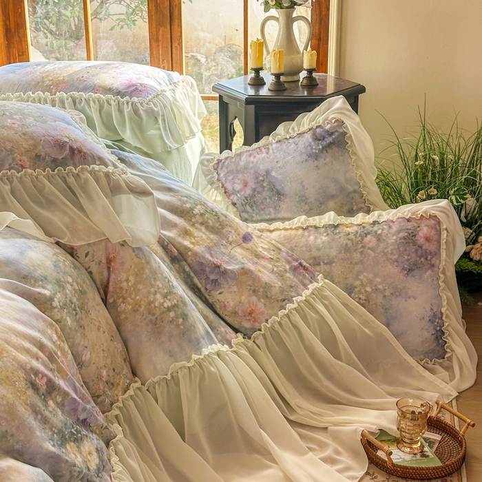 91家纺网 家纺一手货源 找家纺 疆东 2026高端韩版法式公主复古油画风纯棉双层纱四件套赫本浪漫荷叶花边仙女全棉双层纱四件套床上用品被套 仲夏