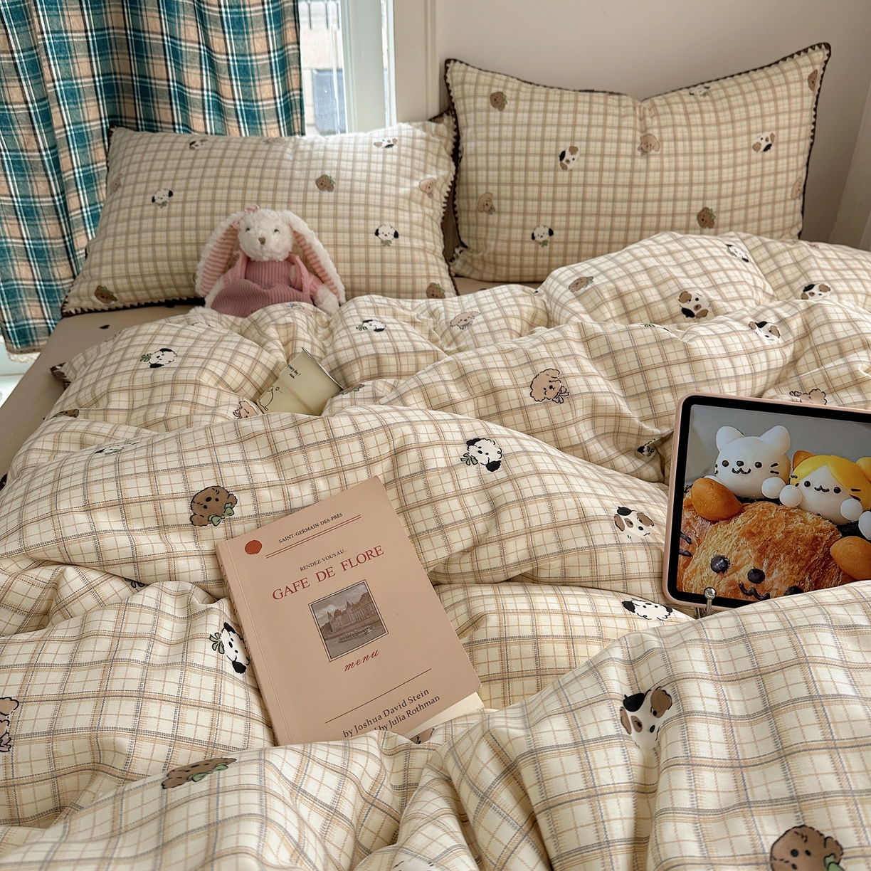 91家纺网 家纺一手货源 找家纺 瑞莱 （持续上新）2026新款全棉纯棉印花贝壳边四件套 棕格萌犬