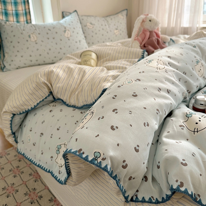 91家纺网 家纺一手货源 找家纺 瑞莱 （持续上新）2026新款全棉纯棉印花贝壳边四件套 蓝调豹纹喵