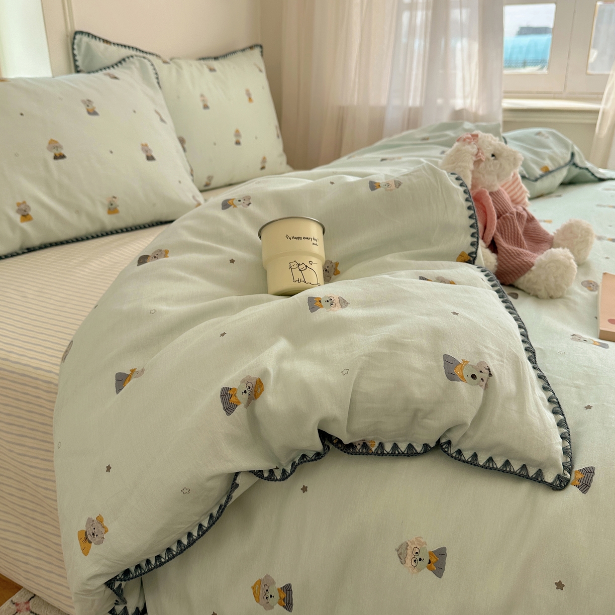 91家纺网 家纺一手货源 找家纺 瑞莱 （持续上新）2026新款全棉纯棉印花贝壳边四件套 星夜柯基