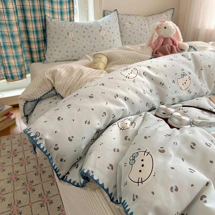 91家纺网 家纺一手货源 找家纺 瑞莱 （持续上新）2026新款全棉纯棉印花贝壳边四件套 蓝调豹纹喵