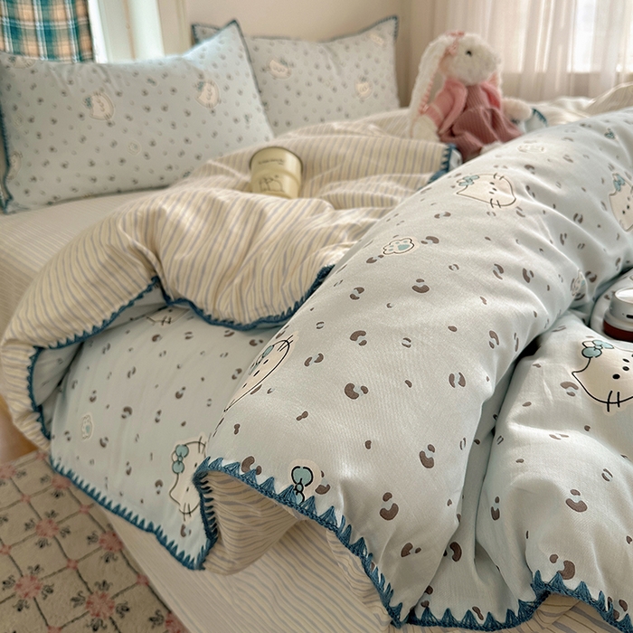 瑞莱 （持续上新）2026新款全棉纯棉印花贝壳边四件套 蓝调豹纹喵