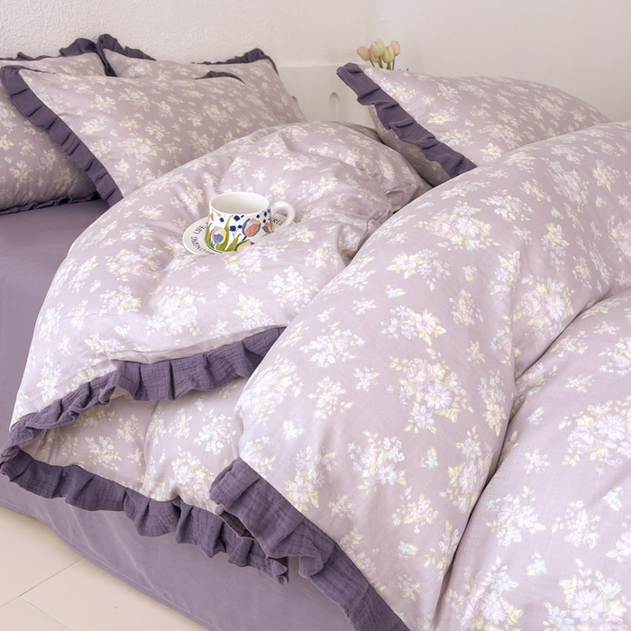 【疆东】2026韩版蕾丝花边纯棉全棉双层纱四件套印花纯棉四件套法式赫本木耳花边全棉公主双层纱四件套