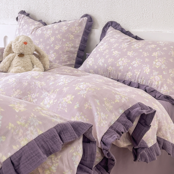 91家纺网 家纺一手货源 找家纺 【疆东】2026韩版蕾丝花边纯棉全棉双层纱四件套印花纯棉四件套法式赫本木耳花边全棉公主双层纱四件套