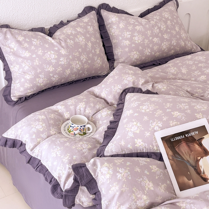 91家纺网 家纺一手货源 找家纺 【疆东】2026韩版蕾丝花边纯棉全棉双层纱四件套印花纯棉四件套法式赫本木耳花边全棉公主双层纱四件套